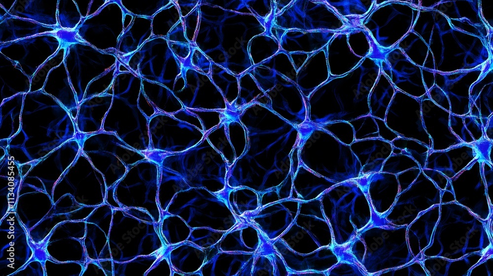 Naklejka premium Abstract AI Neural Network with Glowing Circuit Patterns and Interconnected Nodes, Featuring Radiant Blue and Purple Tones, Representing the 2025 Digital Future, Futuristic Concept Art