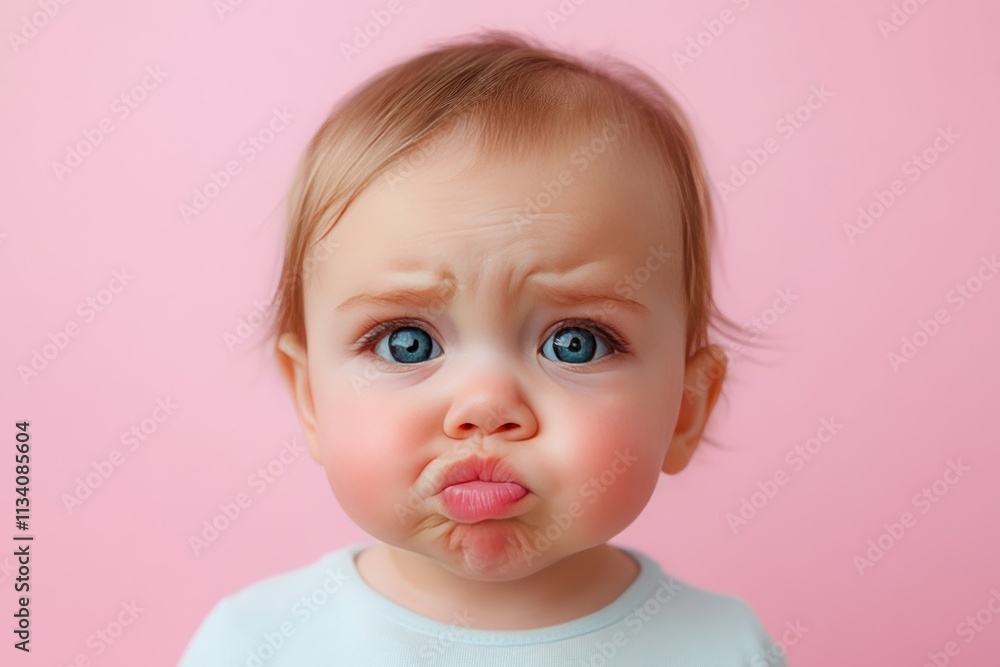 Cute Baby with Pouty Expression on Pink Background Cute Baby with Pouty Expression on Pink Background