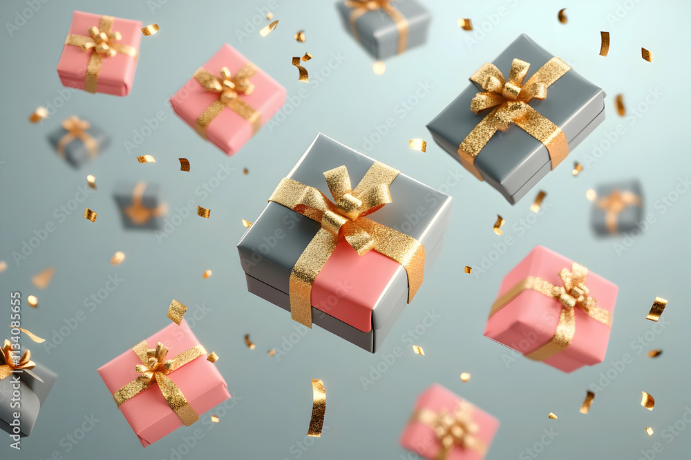 Pink and grey gifts with gold ribbons float against a light blue background, confetti falling. Pink and grey gifts with gold ribbons float against a light blue background, confetti falling.