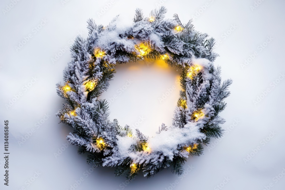 Obraz premium Decorative wreath adorned with snow and warm lights for winter celebrations