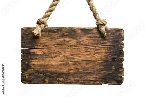 Old Wooden Sign Hanging on Rope Isolated on PNG Transparent Background photo