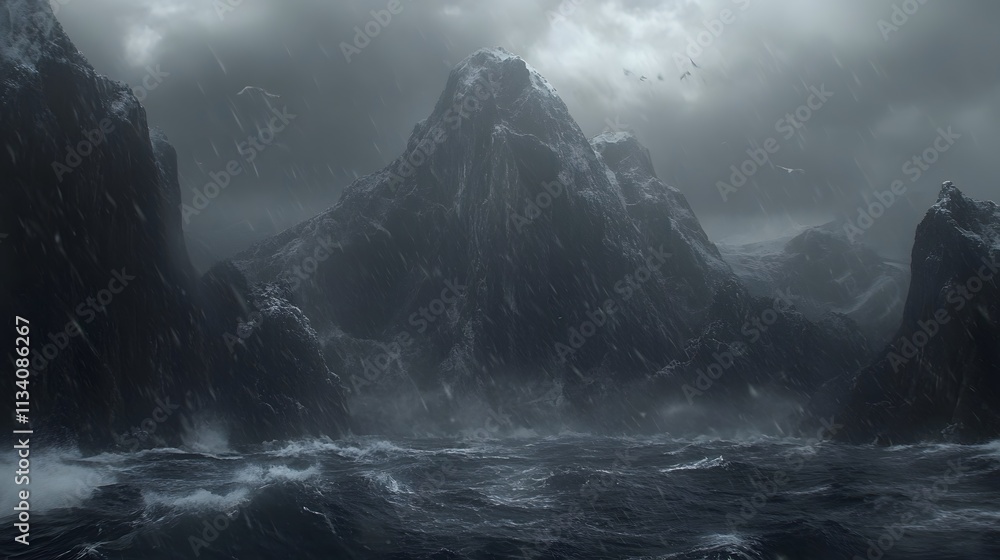 Fototapeta premium Dramatic stormy seascape with a snow-capped mountain peak and dark cliffs under a heavy, grey sky.