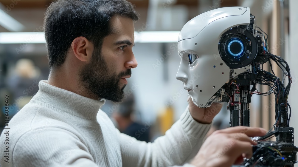 Fototapeta premium Ai technology Artificial Intelligence man using technology smart robot AI artificial intelligence by enter command prompt for generates Futuristic technology transformation