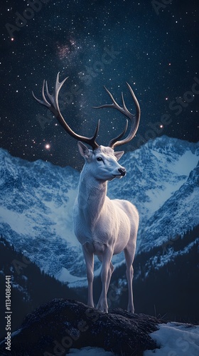 A majestic white deer with perfect antlers, on the mountain and the view of the stars in the beautiful sky