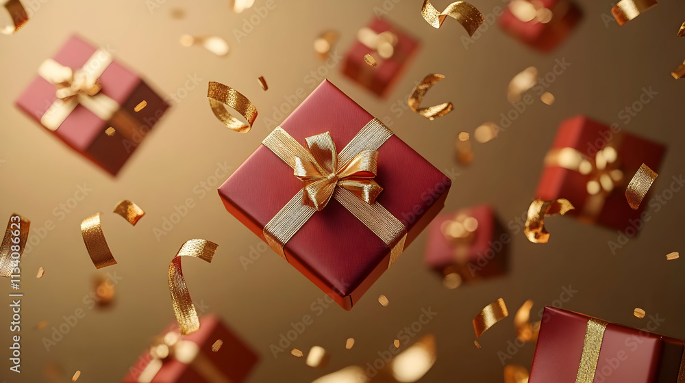 Red gift boxes with gold ribbons and confetti falling on a beige background. Red gift boxes with gold ribbons and confetti falling on a beige background.