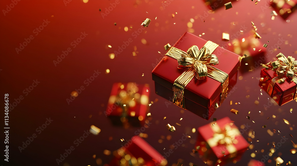 Red gift boxes with gold ribbons and confetti falling on a red background. (1) Red gift boxes with gold ribbons and confetti falling on a red background. (1)