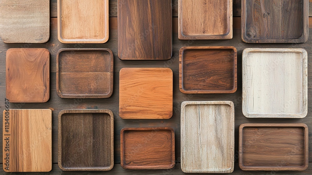 Fototapeta premium A collection of various wooden coasters arranged in a grid, showcasing different wood textures and colors.