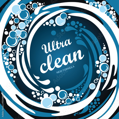Ultra clean. New formula. Creative detergent packaging concept design with swirl effect. Powder to wash clothing. Soap ultra clean design product. Toilet or bathroom tub cleanser. Vector Illustration