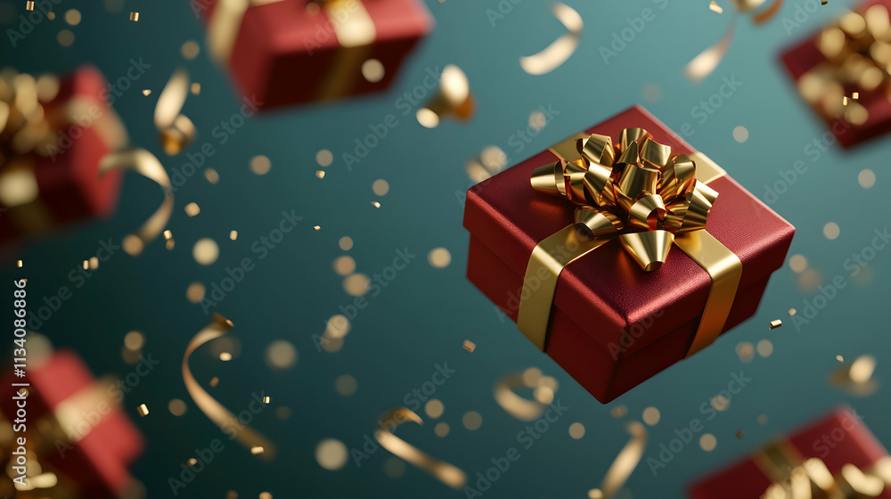 Red gift boxes with gold ribbons and confetti falling on teal background. (3) Red gift boxes with gold ribbons and confetti falling on teal background. (3)
