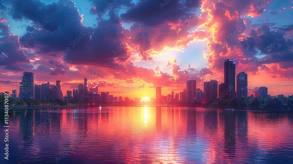 Fototapeta premium City silhouette under vibrant purple and red sky reflected on a smooth urban lake.