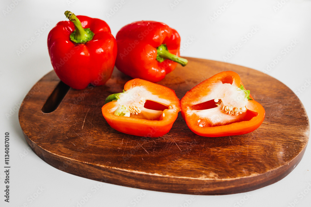 fresh red bell peppers on wooden chopping board, simple natural healthy ingredients fresh red bell peppers on wooden chopping board, simple natural healthy ingredients