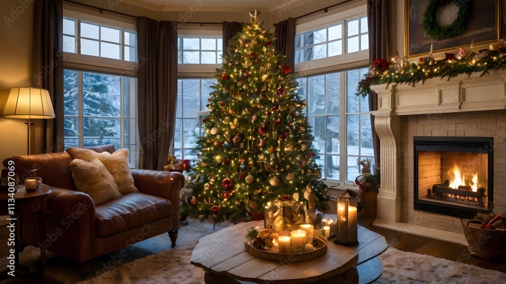 Cozy Christmas Living Room with Fireplace Tree Cozy Christmas Living Room with Fireplace Tree