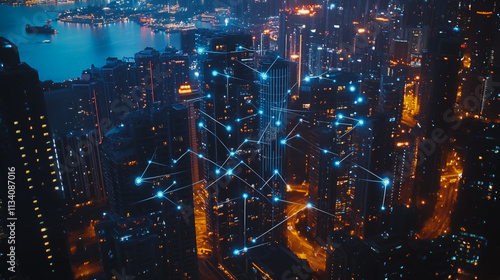 Wallpaper Mural Smart digital Innovation city with connection network reciprocity over the cityscape. of future smart wireless digital city and social media networking systems that connects people with in city Torontodigital.ca