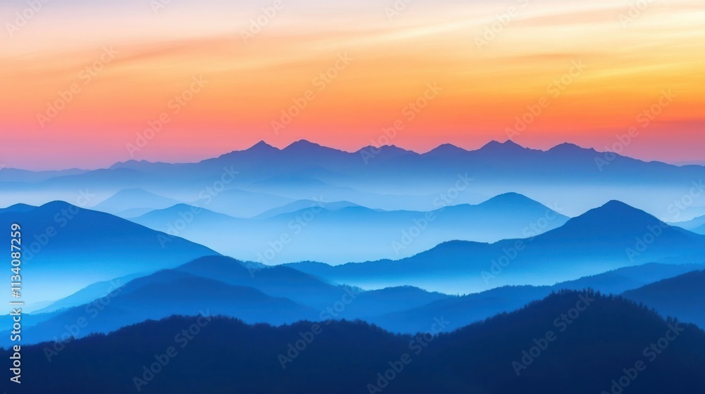 Obraz premium Serene mountain landscape at sunset with layers of blue and orange hues.