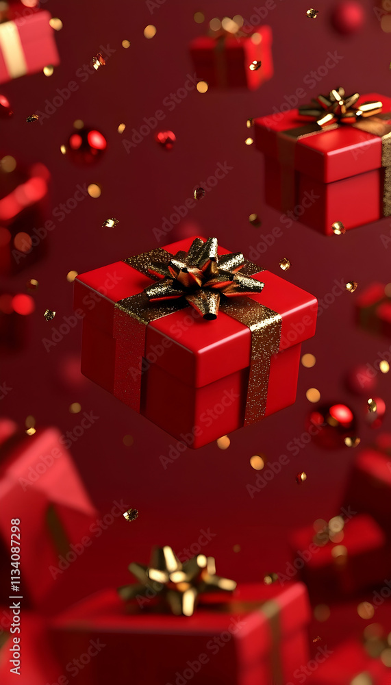Red gift boxes with gold ribbons falling on red background. (5) Red gift boxes with gold ribbons falling on red background. (5)