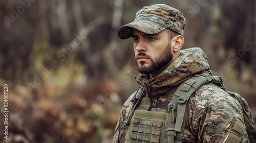 Soldier in Tactical Gear Standing in Forest, Concept of Military Service, Camouflage, Outdoor Training, Defense, Armed Forces, and Tactical Operations