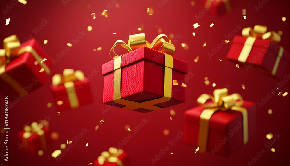 Red gift boxes with golden ribbons and confetti falling on red background. Red gift boxes with golden ribbons and confetti falling on red background.