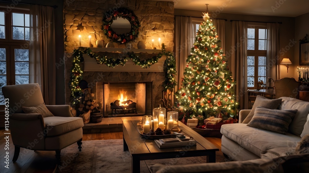 Cozy Christmas Living Room with Fireplace Decorated Tree