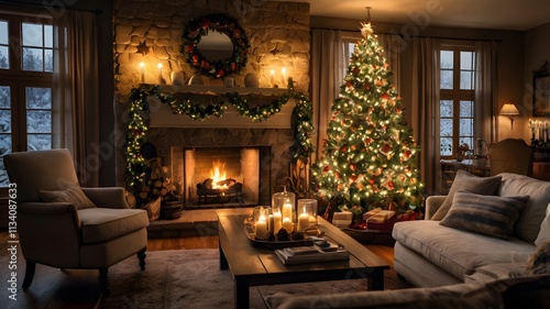 Obraz na płótnie Cozy Christmas Living Room with Fireplace Decorated Tree w salonie