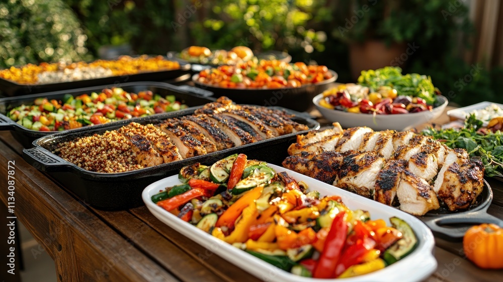 Grilled chicken, quinoa, and vegetable buffet spread on a wooden table outdoors. Grilled chicken, quinoa, and vegetable buffet spread on a wooden table outdoors.