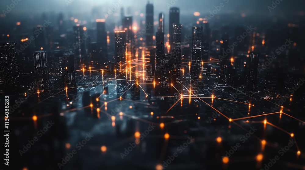 Smart digital Innovation city with connection network reciprocity over the cityscape. of future smart wireless digital city and social media networking systems that connects people with in city Smart digital Innovation city with connection network reciprocity over the cityscape. of future smart wireless digital city and social media networking systems that connects people with in city
