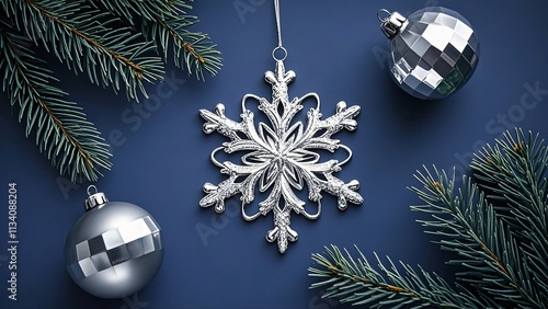 Christmas Background Ornaments And Snowflakes On Blue Festive Background, AI Generative