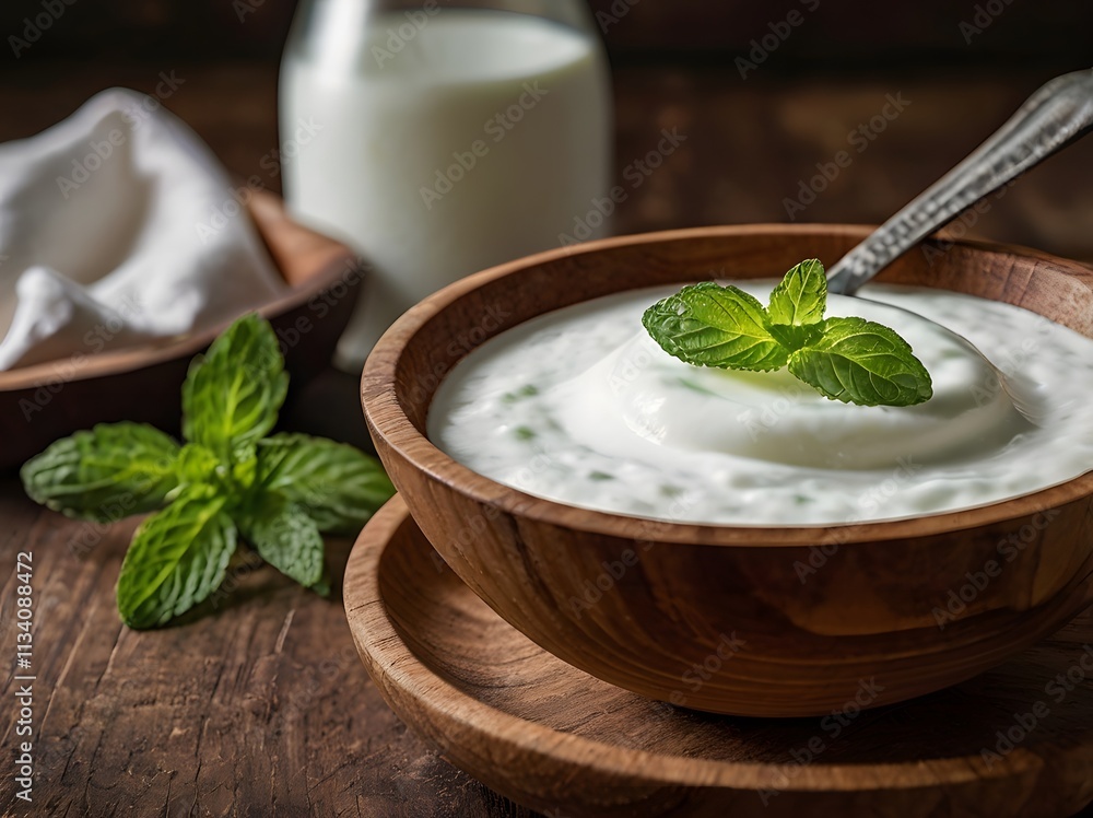 Creamy Yogurt with Mint in Wooden Bowl Creamy Yogurt with Mint in Wooden Bowl