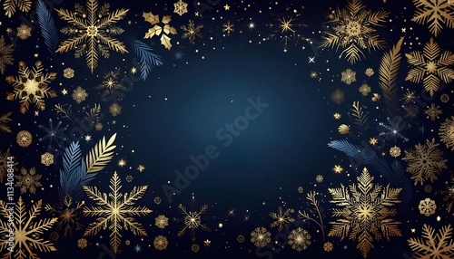 Midnight blue christmas background with golden snowflakes scattered around the edges