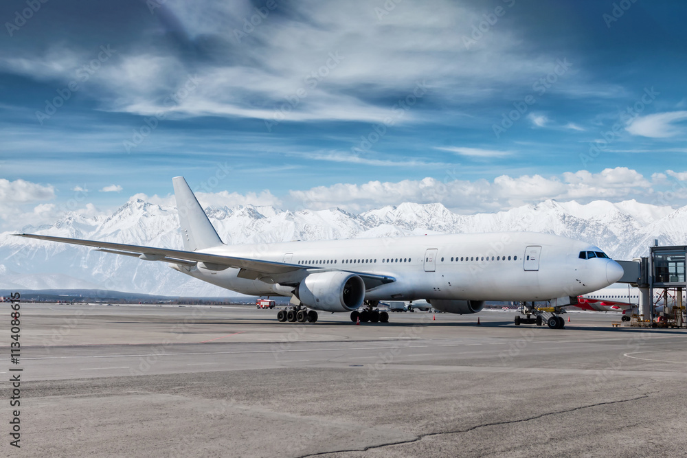 Modern white wide body passenger plane at the gateway at winter airport on the background of high snow capped mountains Modern white wide body passenger plane at the gateway at winter airport on the background of high snow capped mountains