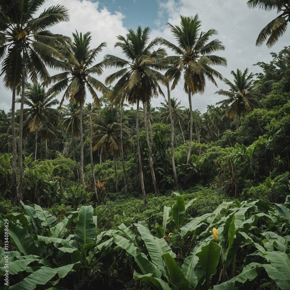 A lush island paradise with banana trees swaying in the wind.
A lush island paradise with banana trees swaying in the wind.