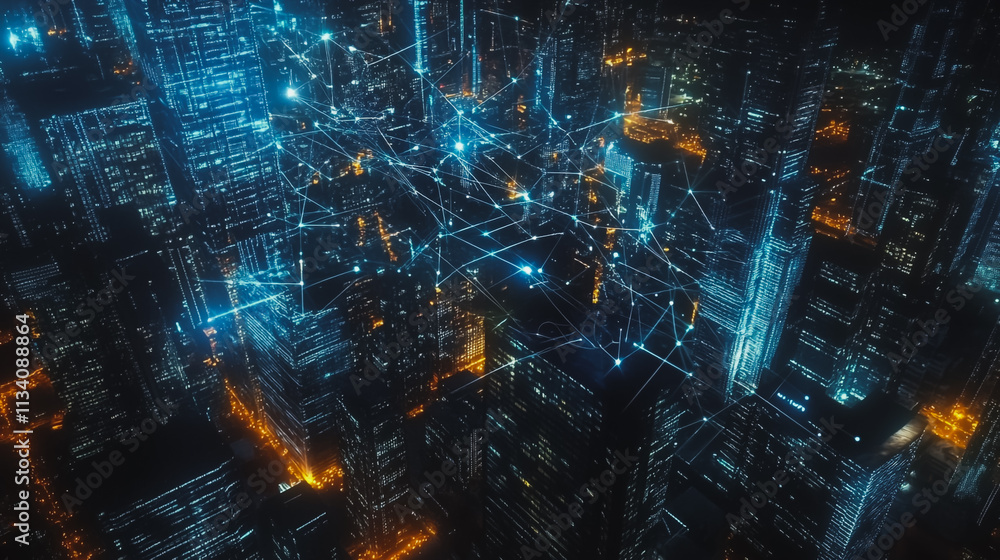 Fototapeta premium Smart digital Innovation city with connection network reciprocity over the cityscape. of future smart wireless digital city and social media networking systems that connects people with in city