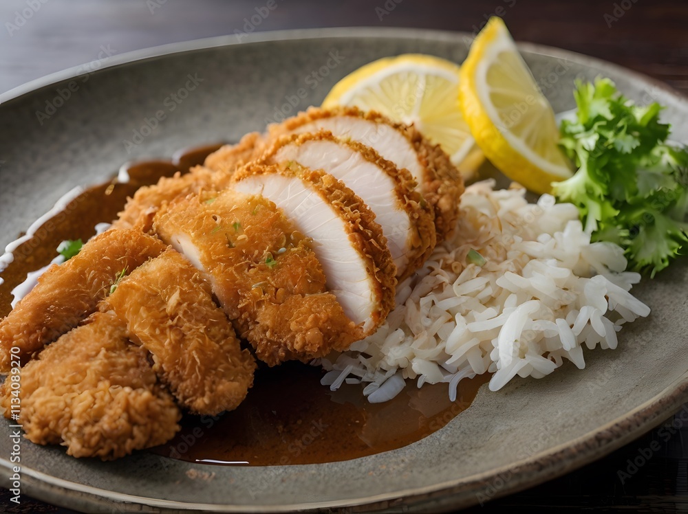 Crispy Chicken with Rice Lemon and Sauce Crispy Chicken with Rice Lemon and Sauce
