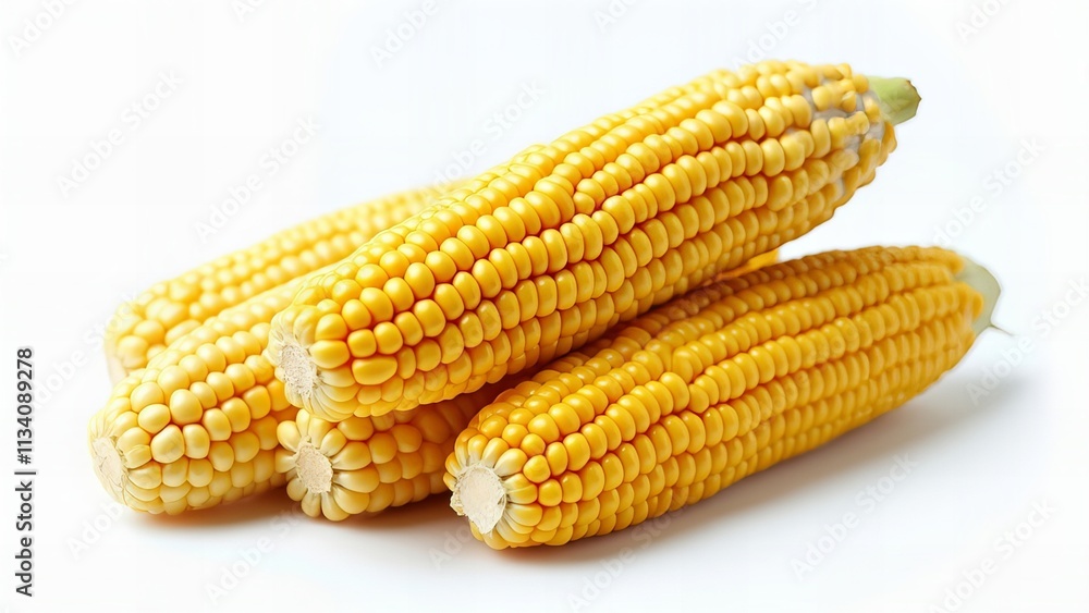 Fresh Yellow Corn Cobs Isolated on White, Perfect for Healthy Eating Concepts, Farm Produce Displays, Organic Food Advertisements, or Agricultural Marketing Fresh Yellow Corn Cobs Isolated on White, Perfect for Healthy Eating Concepts, Farm Produce Displays, Organic Food Advertisements, or Agricultural Marketing