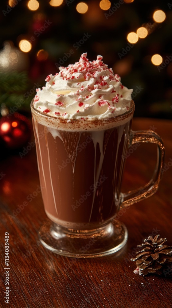 A festive cup of hot chocolate topped with whipped cream and peppermint, perfect for winter. A festive cup of hot chocolate topped with whipped cream and peppermint, perfect for winter.