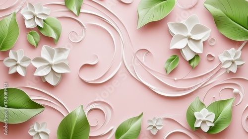 White floral motif and swirling green leaves abstract on pink blacground photo