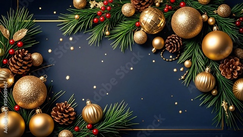 Merry Christmas Background With Golden Ornaments and Pine Cones on Dark Blue, Generative Ai