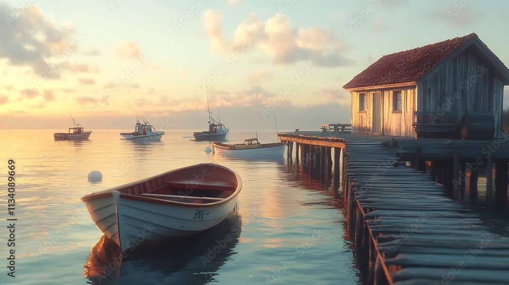 Fototapeta premium Tranquil sunrise at fishing pier coastal village scenic view serenity