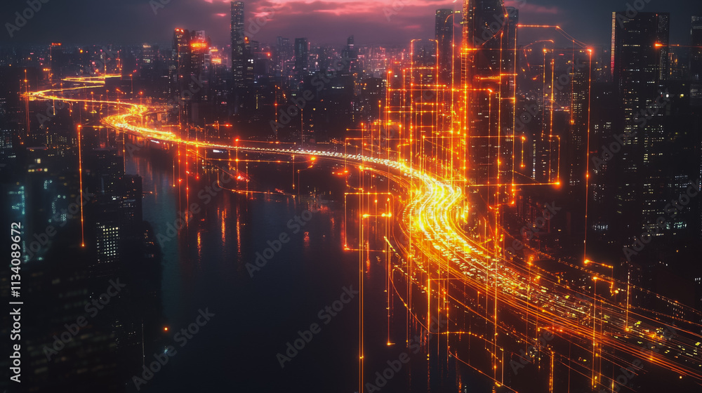 Obraz premium Smart digital Innovation city with connection network reciprocity over the cityscape. of future smart wireless digital city and social media networking systems that connects people with in city