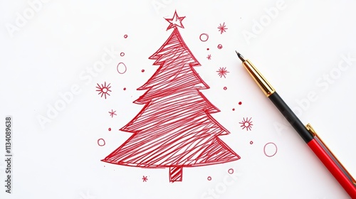 Simple stylized red christmas tree hand drawn with felt tip pen isolated white background creative doodle or quick drawing new year or holiday season concept photo