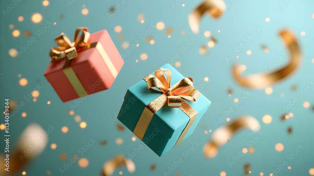 Two levitating gift boxes with gold ribbons and confetti on teal background. Two levitating gift boxes with gold ribbons and confetti on teal background.