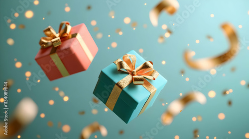 Two levitating gift boxes with gold ribbons and confetti on teal background.