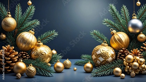Merry Christmas Background With Golden Ornaments and Pine Cones on Dark Blue, Generative Ai