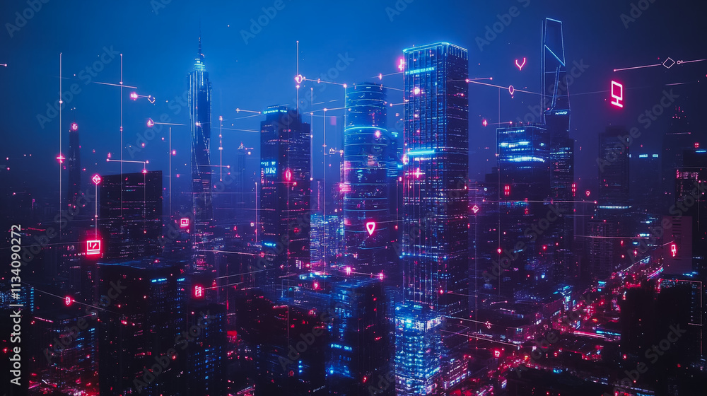Smart digital Innovation city with connection network reciprocity over the cityscape. of future smart wireless digital city and social media networking systems that connects people with in city Smart digital Innovation city with connection network reciprocity over the cityscape. of future smart wireless digital city and social media networking systems that connects people with in city