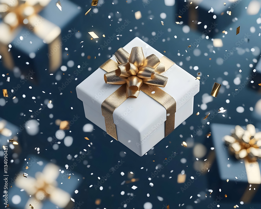 White gift box with gold ribbon, confetti, and other gifts. White gift box with gold ribbon, confetti, and other gifts.