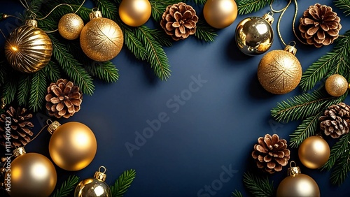 Merry Christmas Background With Golden Ornaments and Pine Cones on Dark Blue, Generative Ai