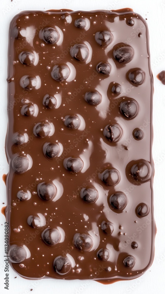 A glossy chocolate bar with round chocolate chips on top. A glossy chocolate bar with round chocolate chips on top.