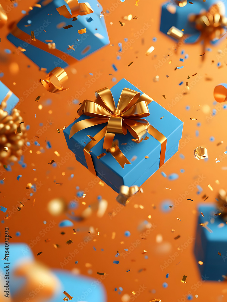 Blue gifts with gold ribbons and confetti falling on orange background. Blue gifts with gold ribbons and confetti falling on orange background.