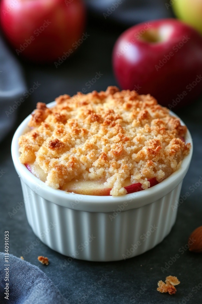 A warm apple crumble dessert in a white ramekin, surrounded by fresh apples. A warm apple crumble dessert in a white ramekin, surrounded by fresh apples.