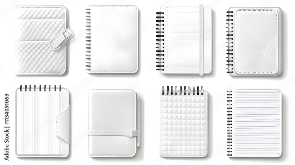 Eight diverse white spiral notebooks mockup, isolated on white background. Eight diverse white spiral notebooks mockup, isolated on white background.