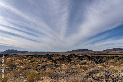 Cinder Cone / Scoria Cone with Lava Flow. Cima volcanic field. Kelbaker Road, Mojave National Preserve. San Bernardino County, California. Mojave Desert / Basin and Range Province. 